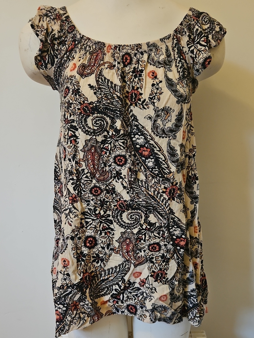 Free People Cream Paisley Off-Shoulder Tunic with Black and Pink Details